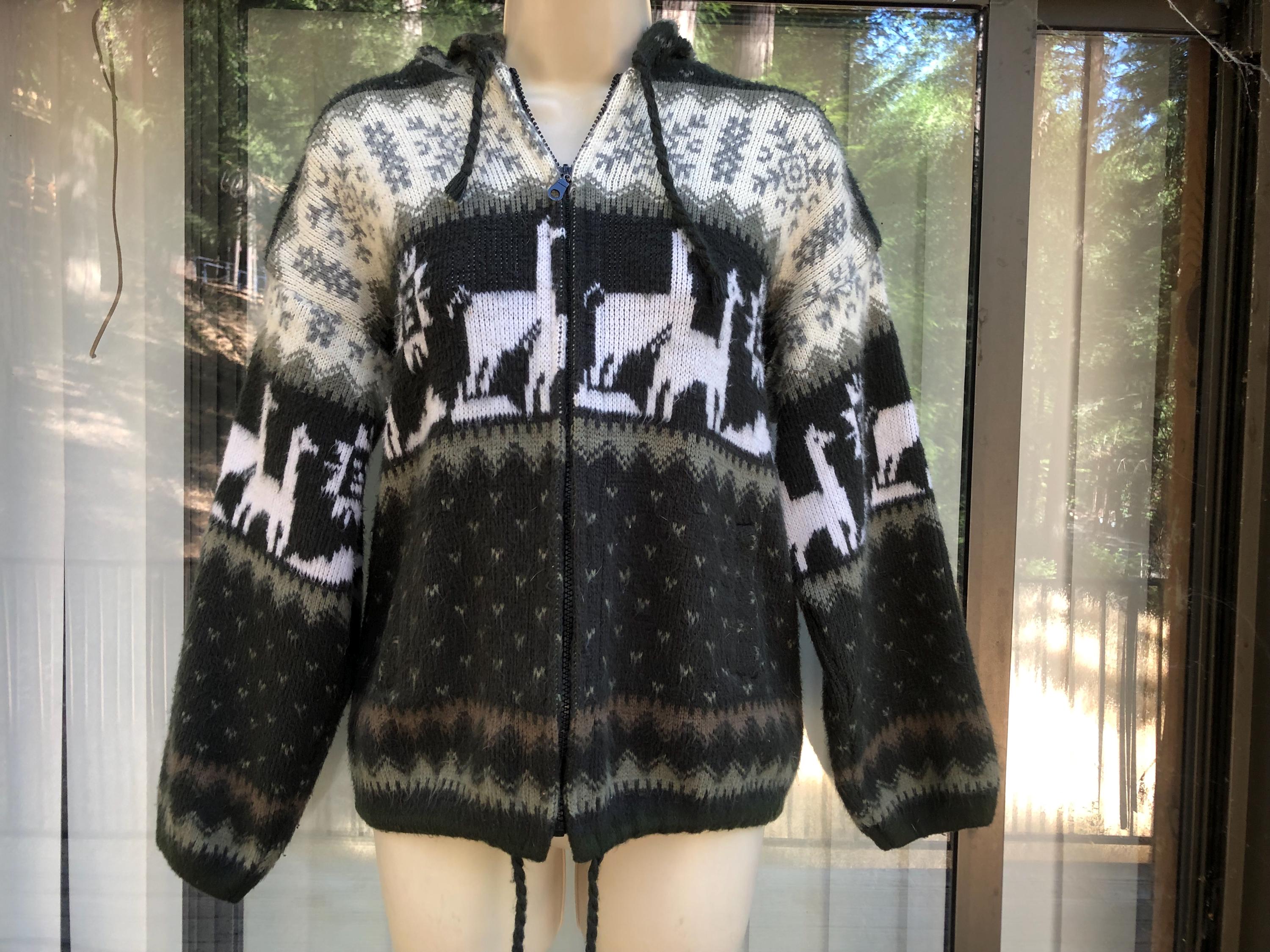 【週末価格】echeveria alpaca wool trip jkt OVY Vintage Green and White Alpaca Sweater Jacket Hoodie Sipper Front