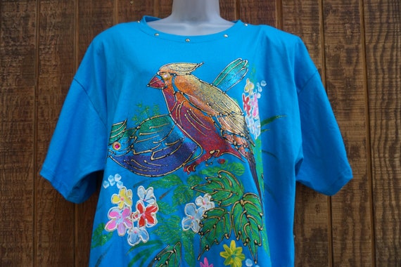 bird glitter blue Tshirt / T shirt puffy paint ma… - image 1