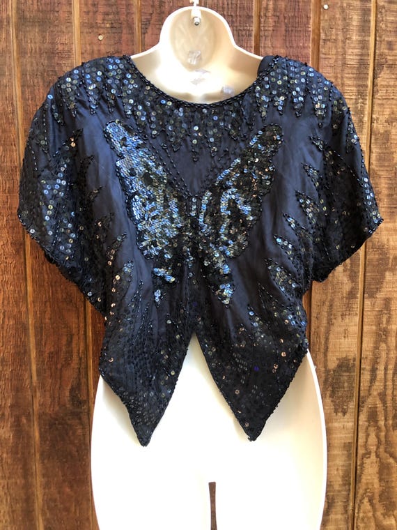 Vintage 1990s sequined solid black butterfly top … - image 6