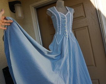 Vintage 70s hand made prairie dress blue with white trim size 6/7 prairie style dress fits