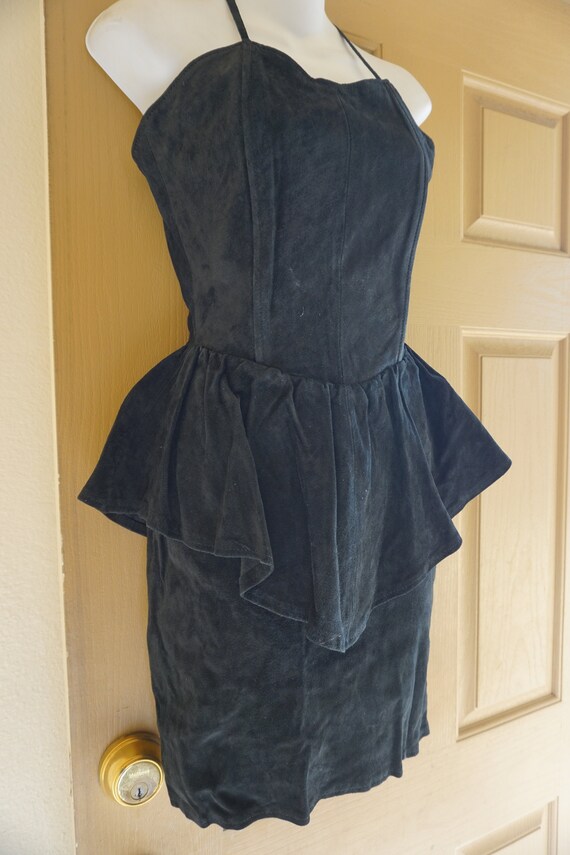 Suede leather vintage size small black dress halt… - image 2