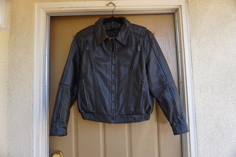 Vintage Black Leather Motorcycle Biker Jacket MENS Size large 1980s 1990s 80s 90s L By First Leather
