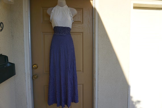 Vintage 1970s navy blue with white polkadot prair… - image 2