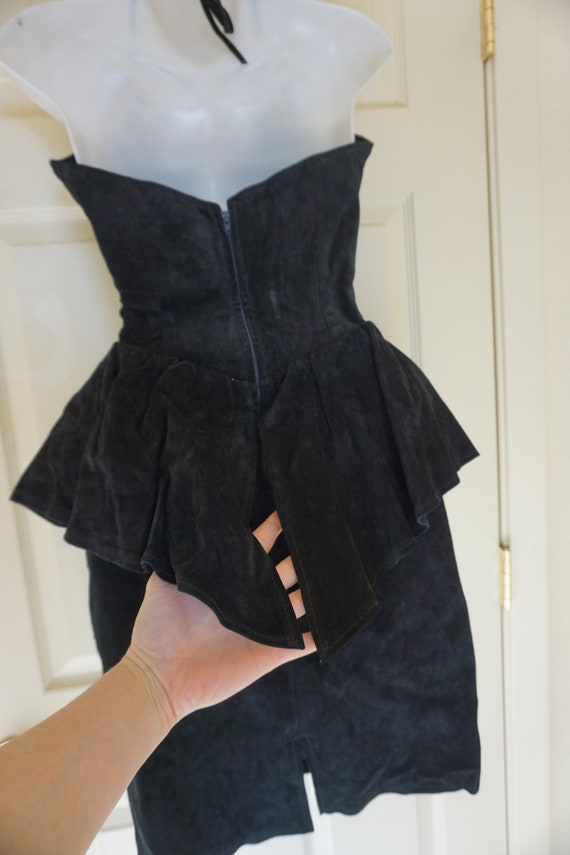 Suede leather vintage size small black dress halt… - image 9
