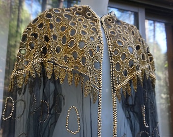 Missing and shedding many beads needs repair Vintage sheer black and gold beaded sequined jacket long duster shoulder pads unique