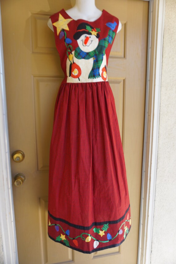 Christmas dress red and black plaid with snowman … - image 2