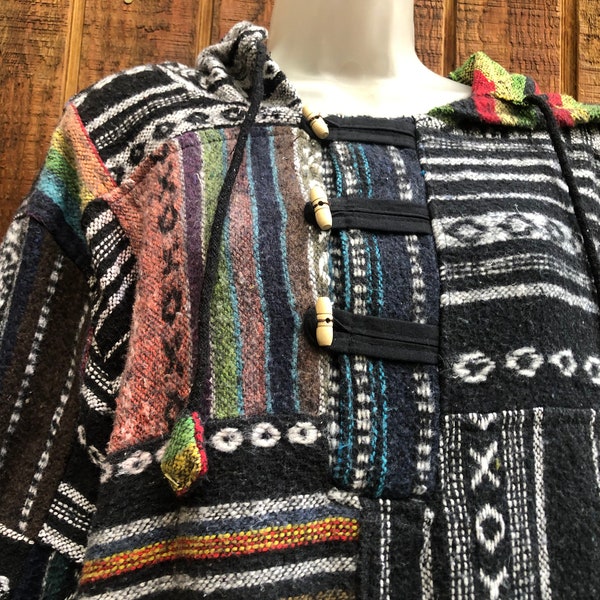 Made in Nepal cotton Vintage 80s 90s Surfer Baja Pullover Hoodie XL Extra Large drug rug hooded jacket woven toggle buttons