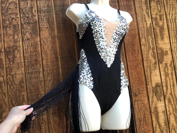 Vintage Body Suit Sequined Costume With Fringe Black and Silver Sexy - Etsy