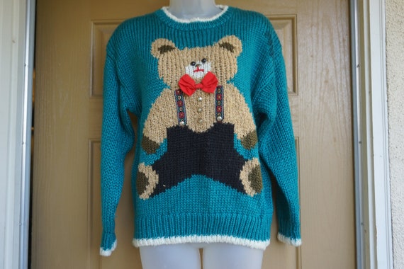 Vintage Hand Knit Teddy Bear Heavy Knit Sweater Size M Medium | Etsy