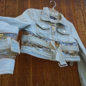 Clear plastic and denim cropped jacket womens size small