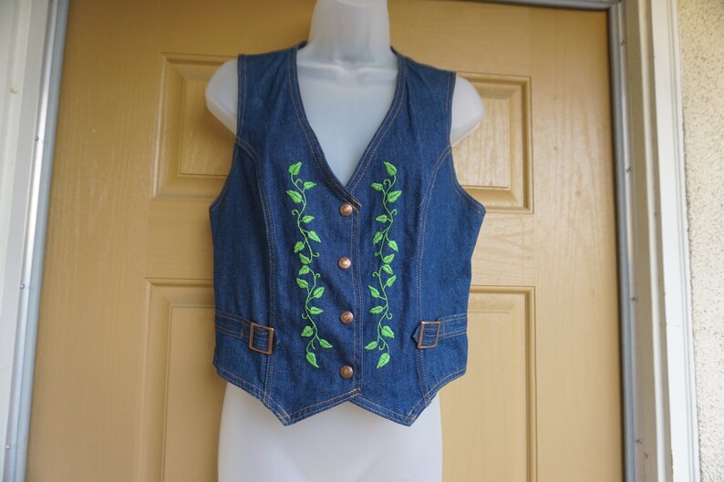 Vintage 70s womens denim jean jacket vest size small / medium 1970s embroidered image 2