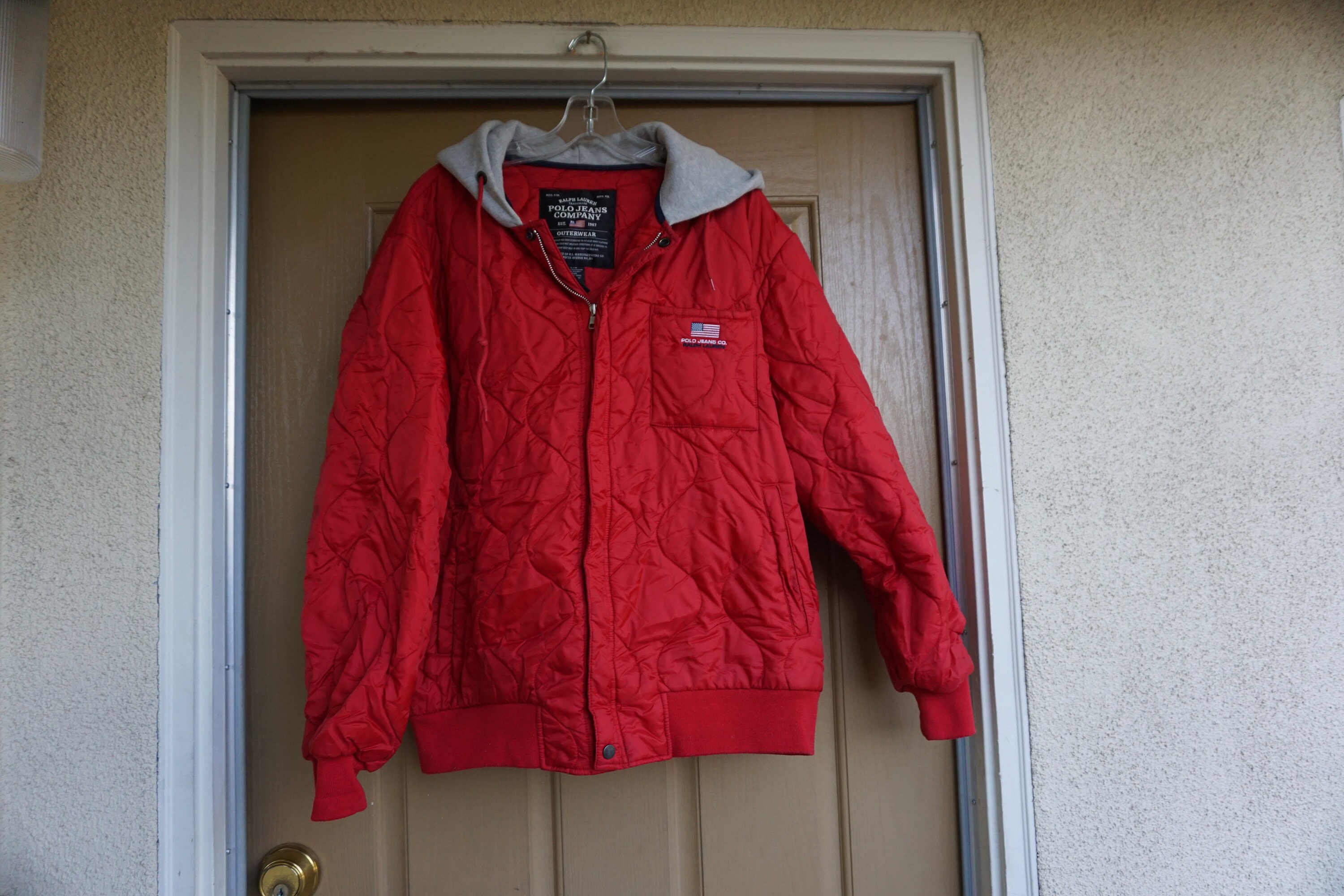 Polo Ralph Lauren Size Large Red Jacket Wit Gray Hood Coat Polo Ralph Lauren Size Large Red Jacket Wit Gray Hood Coat