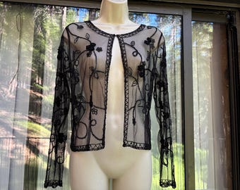Vintage 1990s black sparkly sheer sequined beaded jacket medium