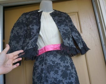 Vintage 1950s lace dress with jacket / bolero mid century back metal zipper size small rockabilly