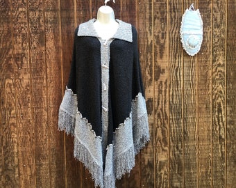 Vintage cape shawl with fringe small medium large toggle buttons