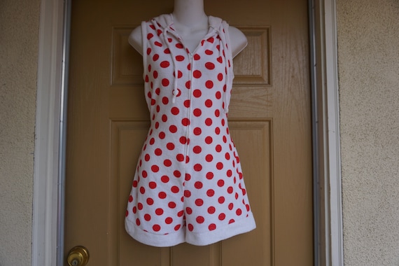 Romper bathingsuit coverup hood hooded red and whi