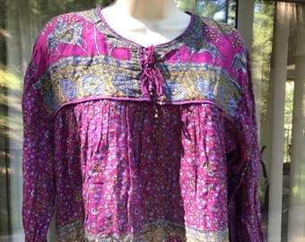 Vintage gauzy Indian long sleeve blouse 100% cotton free size purple