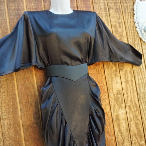 NWT Vintage 1980s All That Jazz  black batwing belted long sleeve dress size 5/6