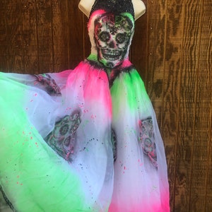Sugar skull Dia Di Los Muertos hand painted dress Size 6 unique one of a kind sequined sheer overlay day of the dead