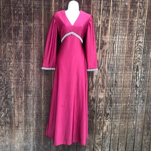 Damaged burgundy 1970s vintage maxi long dress medium 70s goddess