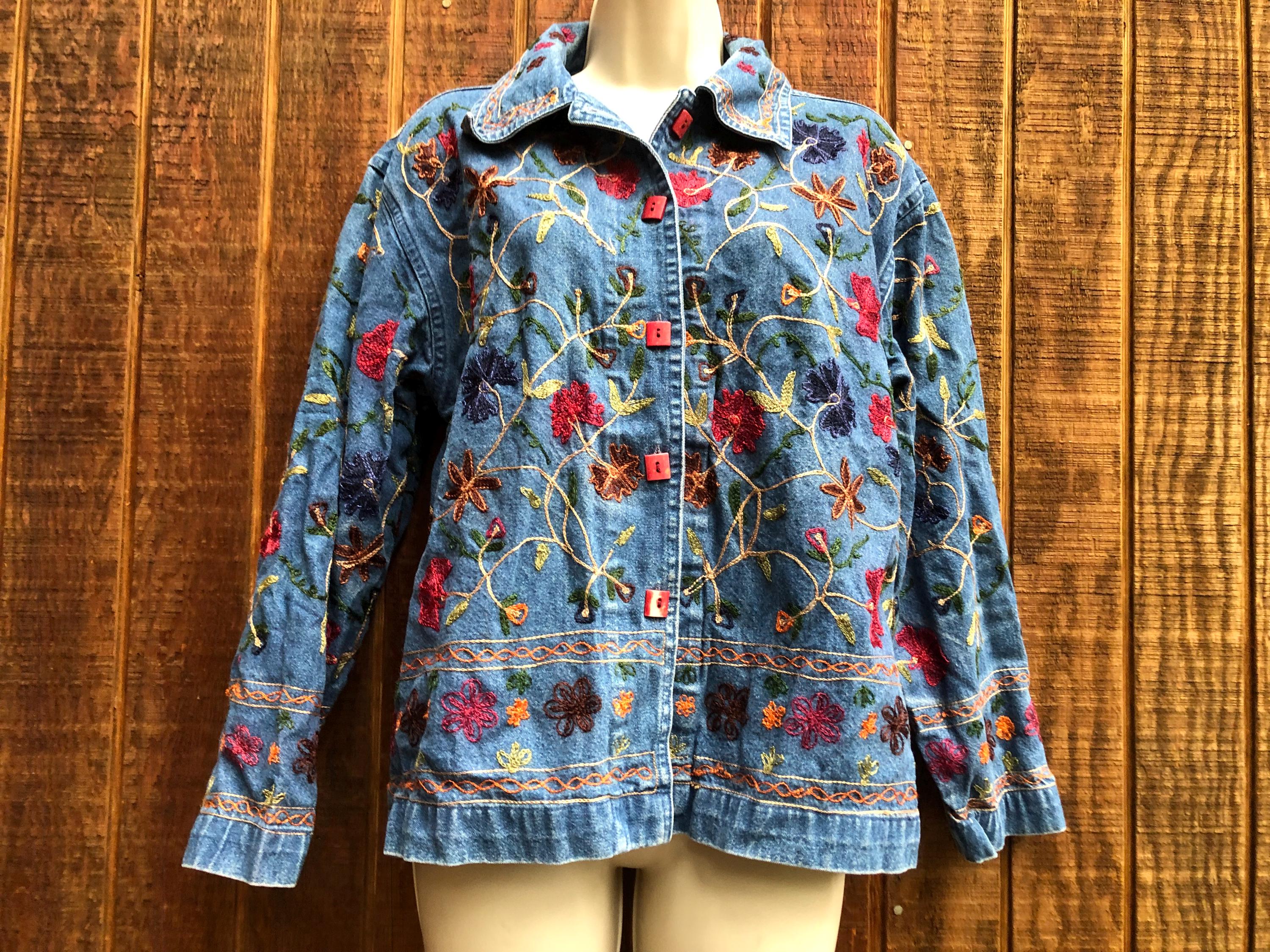 Units Floral Embroidered Denim Jean Jacket Buttons up Size Units Floral Embroidered Denim Jean Jacket Buttons up Size