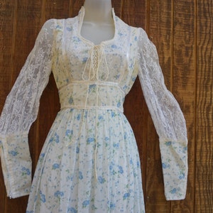 Gunne sax style vintage prairie dress corset laces at bust long sleeves maxi dress  70s 1970s renaissance velvet empire waist 9 medium