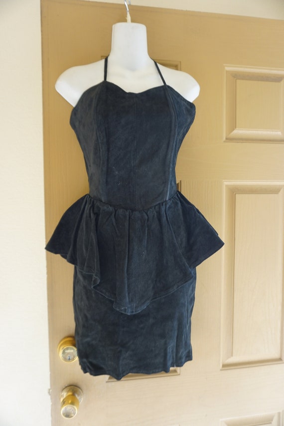 Suede leather vintage size small black dress halt… - image 1