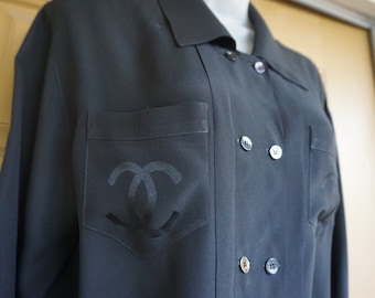Chanel black button front blouse designer button up shirt career wear with pockets