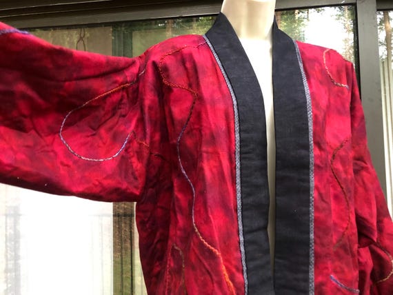 Reversable jacket open front fun unique red embro… - image 4