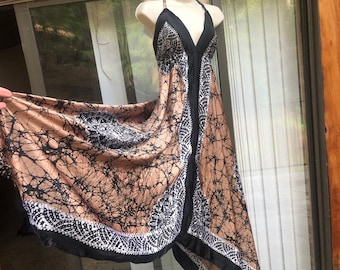 Scarf Dress - Square Scarf Dress, Print Satin Handkerchief Hem HalterTop Dress, Summer/Cruise Dress, M
