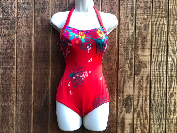 Swim suit floral Size 12 medium one piece halter … - image 3