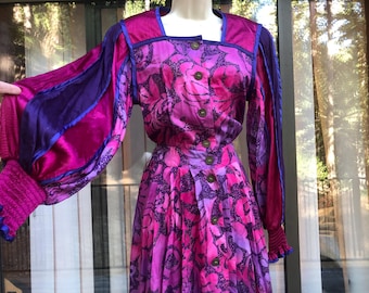 Vintage 80s Jeanne Marc Dress | Novelty Print Long Sleeve, Size 8