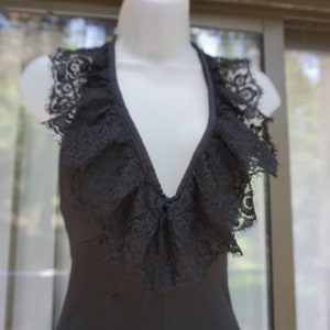 Black 1970s polyester vintage maxi dress medium 70s size small gothic goth goddess deep V halter