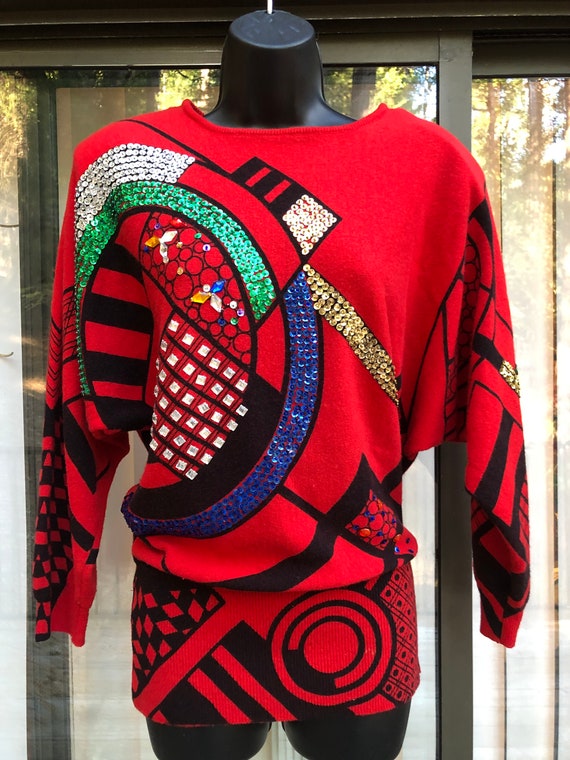 Vintage sequined abstract sweater size Medium bat… - image 2