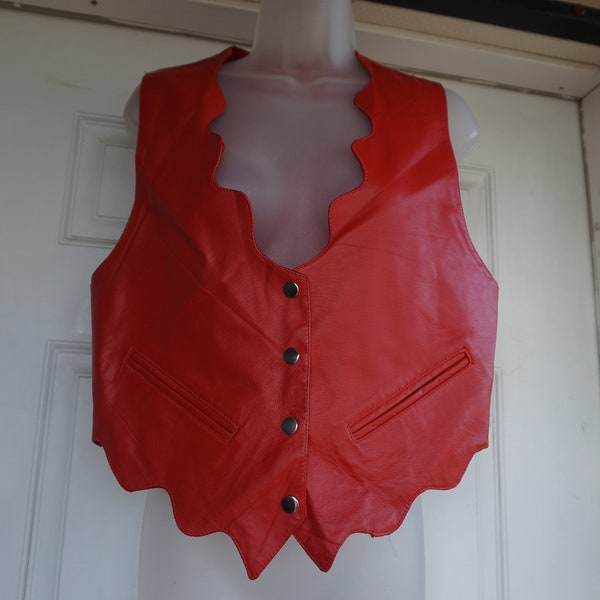 vintage red leather vest with scalloped edge detail medium 80s 90s 1980s 1990s SALE jacket