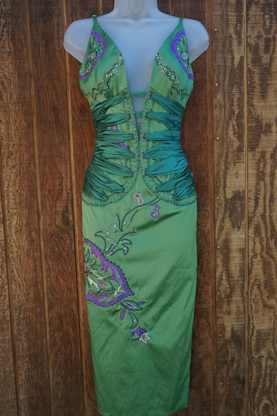 Mandalay dress size 6 tight cinched green beaded … - image 3