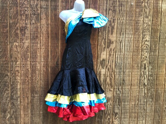 rainbow one shoulder dress One Shoulder Black and Shiny Rainbow Colorful Layers Metallic Prom Dress  Costume Women's Bold Unique Medium Size 9/10