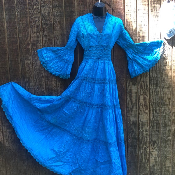 Blue dress maxi Boho Fiesta Vintage 60s Lace cut out panels L Large cotton