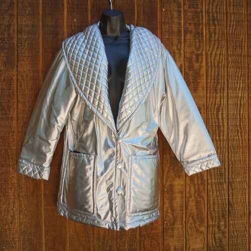 Silver metallic Vintage 1990s jacket by Maurada 90s fun shops unique shiny long oversize slouchy 90s insulated size small