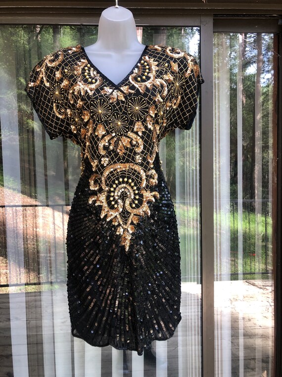 Damaged sequined sparkly gold and black dress par… - image 5
