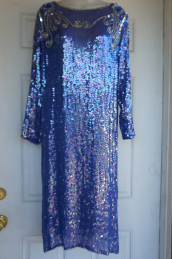 Sequined sparkly dress 90s formal event SILK Bead… - image 4