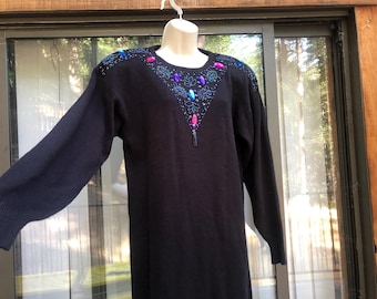 Vintage 1990s sequined knit sweater dress with large shoulder pads and batwing sleeves size medium jeweled by plain jane