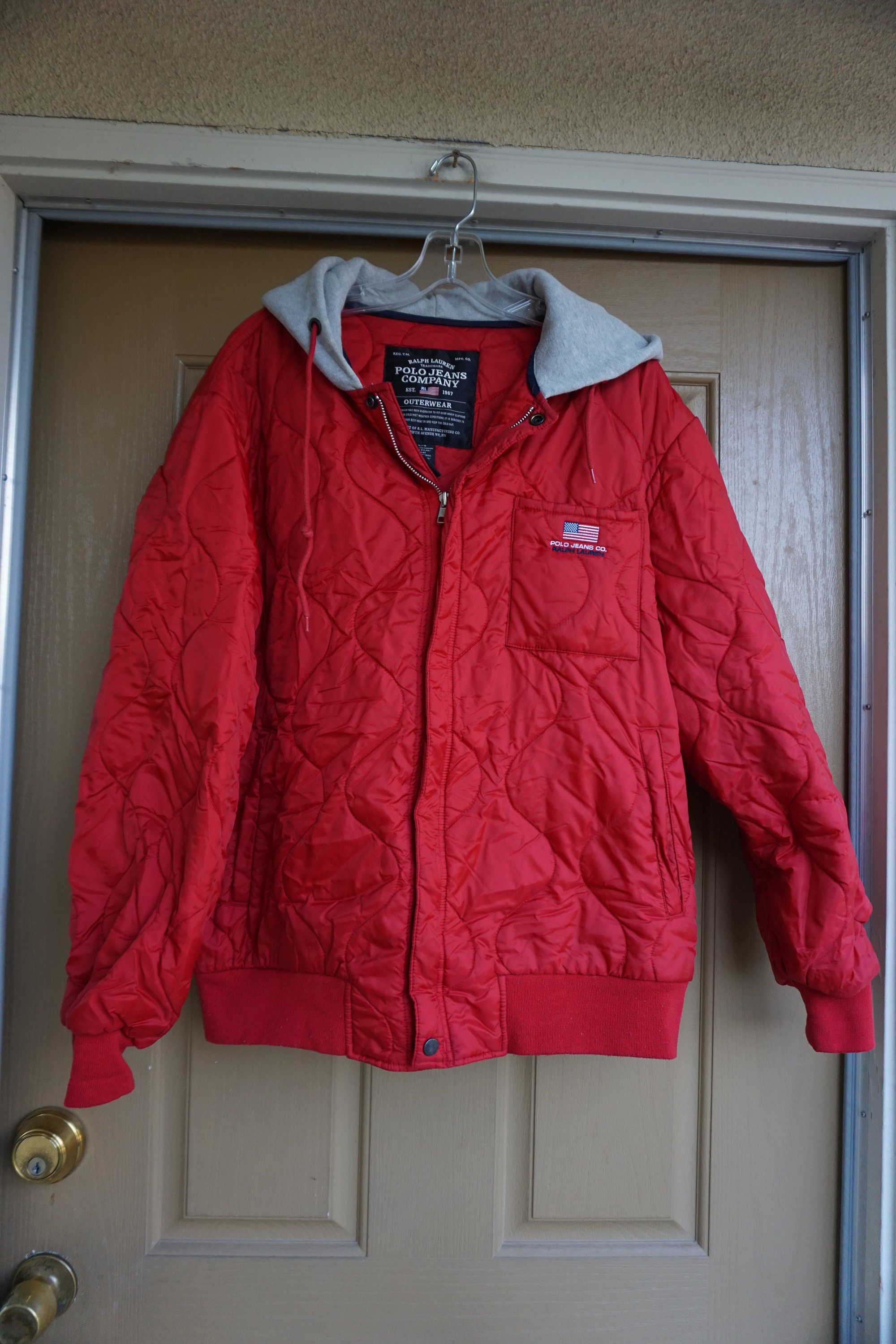 Polo Ralph Lauren Size Large Red Jacket Wit Gray Hood Coat Polo Ralph Lauren Size Large Red Jacket Wit Gray Hood Coat