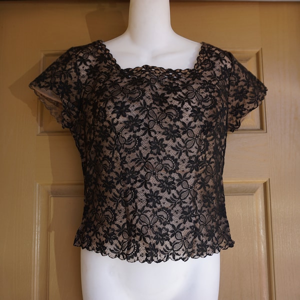 1960s shirt with see through lace overlay sheer mad men 50s mid century style medium large