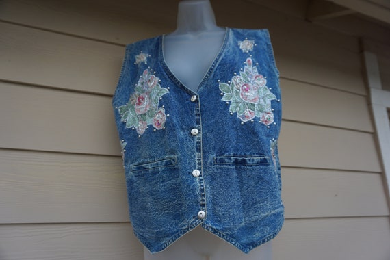 Vintage denim high contrast acid washed jean vest… - image 8