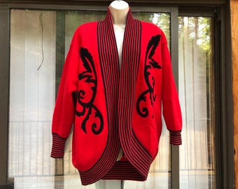Vintage 90s red and black knit sweater cardigan fully lined size Large L  jacket