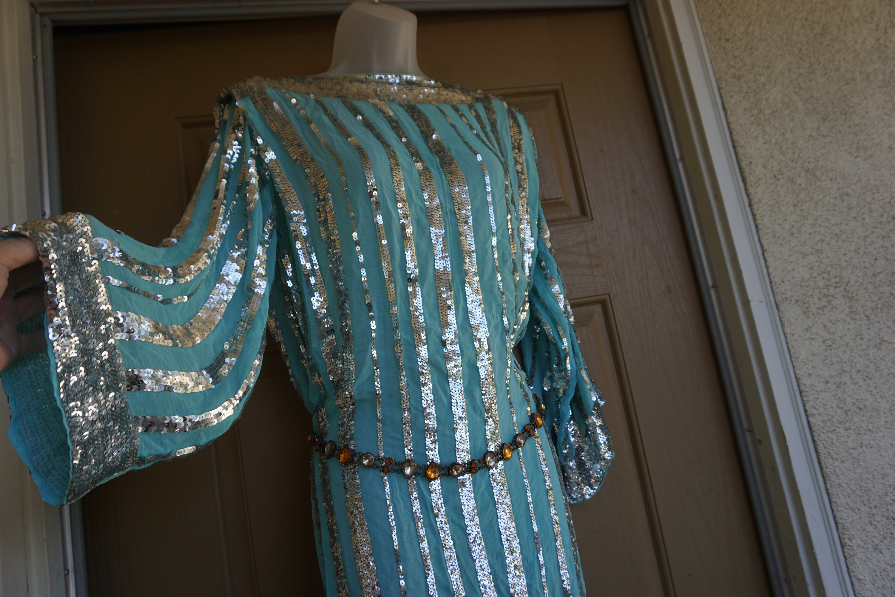 saks fifth avenue sequin dress Saks Fifth Avenue Sequined Sparkly Dress 80s 90s Formal Event SILK Beaded  Evening Cocktail Party Loose Oversize Slouchy Sleeves