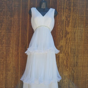 Miss Elliette Vintage 1970s Dress 70s white Sheer Chiffon accordion pleats sleeveless