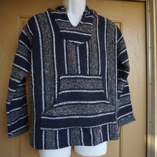 Vintage 80s 90s Mexican Surfer Baja Pullover Hoodie / M Medium / drug rug / hooded jacket // woven poncho surfer