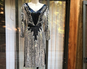 Sequined sparkly dress 80s 90s formal event medium loose fit SILK Beaded Evening Cocktail party